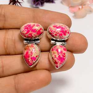 Pink Sea Sediment Jasper <b>Sterling</b> <b>Silver</b> <b>Stud</b> Earrings Handmade Wedding Gift Jewelry - Product Image 3