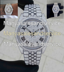 Montre de luxe pour homme en or blanc sertie de diamants Moissanite et acier inoxydable avec cadran en verre, résistance à l'eau 10 bars, fermoir de bracelet - Product Image 1