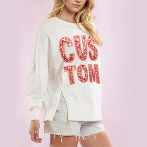 Custom <b>Sequined</b> Oversized Sweatshirt Women Long Sleeve Drop Shoulder O-Neck Loose Fit <b>White</b> Cotton Knitted <b>Top</b> Front Logo Casual - Product Image 4