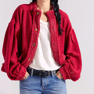 Cárdigan de punto rojo para mujer al por mayor, manga globo completa, color liso, top informal de otoño, cuello redondo, cierre de botones - Product Image 1