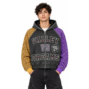Valley Vs Dreams Hooded Zip-Up <b>Sweatshirt</b> Raglan Sleeve <b>Leopard</b> <b>Print</b> Purple Yellow Unisex Casual Autumn Wear Knitted Fabric - Product Image 2