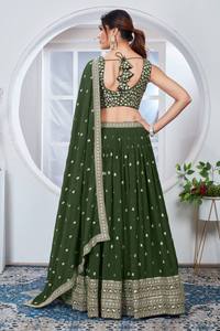<b>Green</b> Lehenga Choli Set With Embroidered Border Traditional Indian Wedding Wear For Women Floor-Length Polyester Dress - Product Image 4