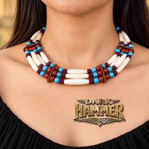Collier artisanal en perles d'os naturel avec perles de pierres précieuses colorées, style rustique viking médiéval historique, bijoux pour costume - Product Image 1