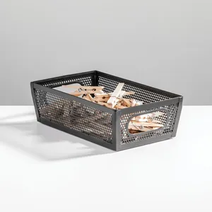 Metal Storage Basket with Hand Grip for Office Laundry Bath Craft Organization Simple Style <b>Black</b> Rectangular Mesh Bin - Product Image 1