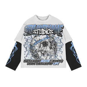 เสื้อยืดแขนยาวโอเวอร์ไซส์ผู้ชาย แบรนด์เนม ลายพิมพ์หัวกะโหลก สไตล์สตรีทแวร์ คอกลม แต่งขอบตัดกัน ผ้าเจอร์ซีย์คอตตอน 100% - Product Image 1