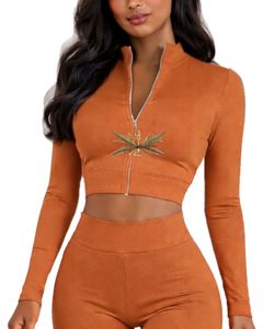 <b>Rust</b> Orange Women Two Piece Yoga Set Zip Crop <b>Top</b> And High Waist Flared Pants Embroidery Fitness Gym Wear Custom Manufacturer - Product Image 2