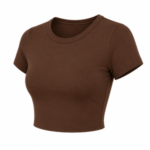OEM Blank Women T Shirt <b>Short</b> <b>Sleeve</b> Round Neck Solid Crop <b>Top</b> Fitness Slim Ribbed <b>Knit</b> Cotton Spandex Cropped Tee For <b>Lady</b> Bran - Product Image 5