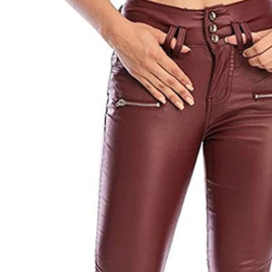 <b>Women</b> High Waist PU Leather Pencil Pants Solid Color Five-Pocket Ankle-Length Fake Zippers <b>Sexy</b> Club Winter Breathable Casual - Product Image 5