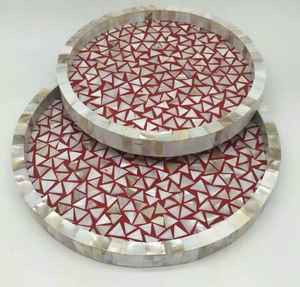 Plateaux de service et de rangement décoratifs en résine avec incrustation de nacre, finition naturelle, pour le Ramadan, l'Aïd, plateaux ronds modernes pour la table - Product Image 6