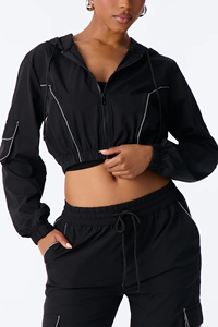 Custom Embroidery Logo Branded croptop <b>Zip</b> <b>Up</b> Color Block Sweatsuit Windbreaker Nylon Tracksuit For Women cargo windbreaker - Product Image 4