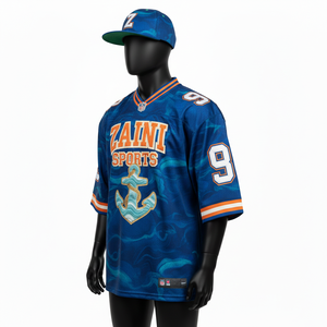 T-shirt 100% coton pour homme, coupe ample, imprimé, maillot de football pour homme, polyester, maille, panneaux bleus et oranges, logo brodé personnalisé - Product Image 4