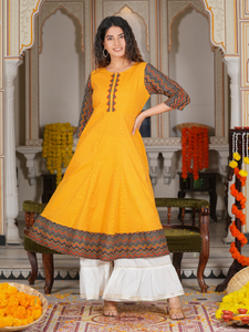 Blusa de Algodón con Estampado Zig Zag, Kurta, Anarkali Geométrica, Color Mostaza, Ropa Étnica para Mujer, Secado Rápido, Protección Solar, Moda de Verano - Product Image 4