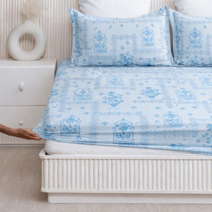 Sky Blue Ethnic Printed Cotton Fitted Bedsheet Soft Breathable | Premium <b>Bedding</b> <b>Set</b> with Elastic Deep Pocket Wrinkle Resistant - Product Image 1