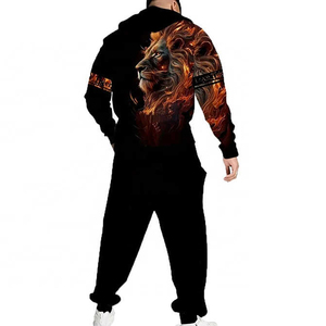 <b>Men</b> Flame Lion Print Hooded Tracksuit Full Sleeve Casual Autumn Wear Breathable <b>Polyester</b> Sweatshirt <b>Jogger</b> Set - Product Image 3