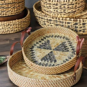 Meilleur choix plateau en rotin nacré de forme ronde avec vadrouille artisanat rotin osier ensemble de (3 pièces) de l'Inde - Product Image 6