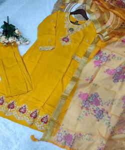 Conjunto de dos piezas de algodón moderno con bordado, estilo casual de lujo, con dupatta, precio mayorista, prenda étnica, amarillo - Product Image 6