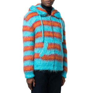 Fashion Casual Mohair Fuzzy <b>Men</b> Knit <b>Cardigan</b> Sweater Custom Knitted Striped <b>Men's</b> Hooded Sweater - Product Image 5