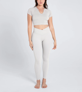 Solid Breathable Sports V-Neck <b>Crop</b> <b>Top</b> T-Shirt & High Waist Bum Lift Leggings Yoga Set for Women Activewear Gym Fitness Outfit - Product Image 4