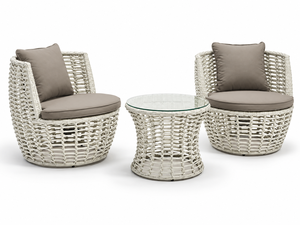 Conjunto de Bistro Moderno para Exteriores de Mimbre Sintético Blanco con Dos Sillones Redondos de Mimbre, Cojines Grises y Mesa de Centro con Tapa de Vidrio para Patio - Product Image 1