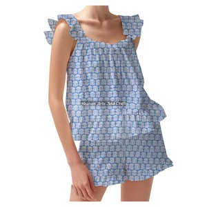 Breathable Cotton Shorts Pajama Set For Warms Dazzling Hand Block Spring/Summer Floral Fitted Strappy Ruffle <b>Trim</b> Sleeves PJ Set - Product Image 5