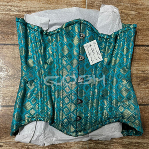 Premium Emerald Teal Brocade Corset Women’s Waist Trainer Custom Handmade Steel Boned Bustier - Product Image 2