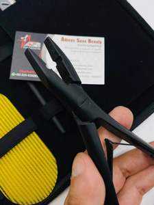 Pince à micro-perles à trou unique pour extensions de cheveux, avec système Velcro, lame de rasoir, en acier inoxydable noir mat, et clip de séparation à boucle - Product Image 4