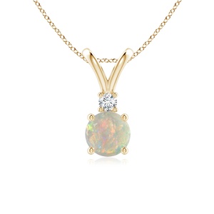 Premium Quality Natural Gemstone & Diamond 2 Stone <b>Pendant</b> 14K <b>Gold</b> Round Opal Solitaire V-Bale <b>Pendant</b> with Diamond Necklace - Product Image 1