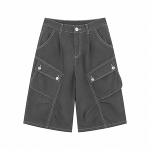 Shorts de mezclilla unisex de verano, transpirables, de cintura media, estilo hip hop, negros, lavados, holgados, vintage, con borde sin rematar, casuales, con bolsillos grandes tipo cargo. - Product Image 5