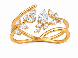 Anillo de compromiso de oro amarillo chapado para mujer con diamante talla pera, diseño de plantas, estilo romántico, engaste de puntas - Product Image 2