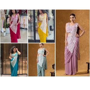 เรามีสินค้าใหม่มาแรง! ผ้าซารีสุดฮิตพร้อมสวมใส่  พร้อมเสื้อปักลายอย่างสวยงามบนผ้าจอร์เจตต์เทียม - Product Image 1