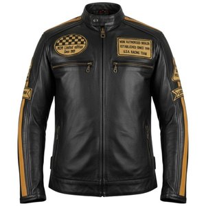 Black Tan Canvas Genuine Leather Motorcycle <b>Jacket</b> Retro Racing Stripe Design Cafe <b>Racer</b> Custom Patch Letter Riding Outerwear - Product Image 1