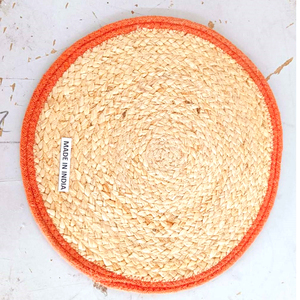 Premium jute round <b>placemat</b> Orange bordered and handcrafted by artisans Sustainable natural fiber table mat bringing warmth - Product Image 1