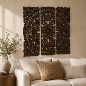 Ensemble de 3 panneaux muraux sculptés à la main en bois de manguier, art mural décoratif en bois pour salon, chambre et décoration intérieure - Product Image 3