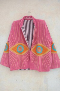 Stunning Pink Evil Eye Velvet Boho Embroidered Kimono Jacket Handmade Statement <b>Coat</b> Bohemian Festival Turkish Eye <b>Cardigan</b> - Product Image 2