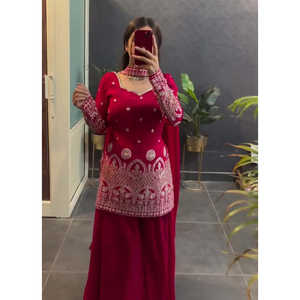 Salwar Kameez Rojo de Algodón para Fiesta, Talla XL, Top-Bottom y Dupatta con Bordado de Lentejuelas, Fendi Fashion - Product Image 4