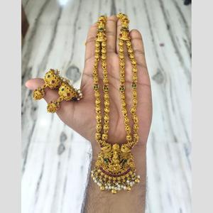 Traditional Matte Pota Stone and <b>Pearl</b> Temple Long <b>Necklace</b> <b>Set</b> - Product Image 1