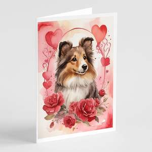 Whimsical Sheltie Valentine Roses A7 Tamaño 5x7 Tarjetas de notas en blanco Paquete de 8 con sobres Tarjetas de felicitación - Product Image 1