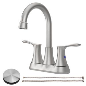 Rubinetto per lavabo bagno 4 pollici a 2 maniglie, montaggio centrale, nichel spazzolato, con scarico a scomparsa e tubi di alimentazione, funzionalità mista - Product Image 1