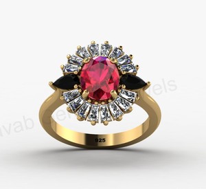 Magnifique bague de mariage en argent 925 plaqué or avec rubis, quartz noir onyx, taille ovale 7x9mm, halo de baguettes CZ, bijoux fins pour femme - Product Image 1