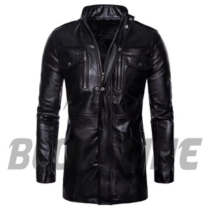Men's Black PU <b>Leather</b> <b>Jacket</b> Stand Collar Slim Fit Moto Biker Style Zipper Closure <b>Long</b> Length Autumn Wear - Product Image 4