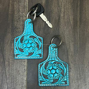 Porte-clés en cuir de vachette artisanal, motif western, turquoise, sculpté, accessoire pour sacs et clés - Product Image 4