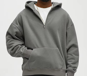 Sweat-shirt à capuche gris surdimensionné pour homme, en molleton, à demi-zip, couleur unie, coupe classique, pour l'automne - Product Image 1