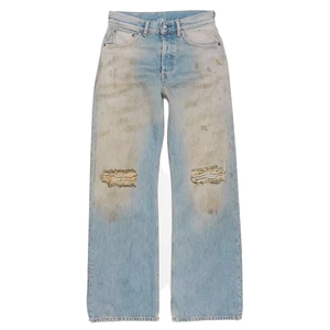 Jean droit ample vintage déchiré et vieilli en coton 100 % biologique peigné pour homme, délavé foncé avec décoration en cristal, idéal pour l'hiver et l'automne - Product Image 4