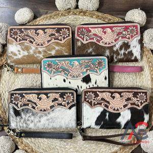 Handmade Stylish Hair on Cowhide Leather Long Wallet <b>Purse</b> Tooled Leather Eagle Design <b>Zip</b> <b>Around</b> Wristlet Clutch for Women's - Product Image 1