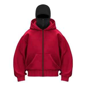 Sudadera con capucha de forro polar roja para hombre con cremallera completa, estilo balaclava, oversize, streetwear, manga larga, servicio 100% OEM - Product Image 4