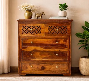Commode à 5 tiroirs en bois massif |   Commode à façade en treillis sculptée à la main |   Meubles de chambre à coucher et autres meubles de maison en gros - Product Image 3