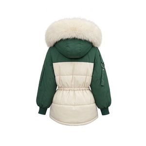 Custom Cream Green Contrast Down Jacket Colorblock Sleeves Deep Pockets Fine Polyfill Fur Collar Knit Cuffs Puffer Coats - Product Image 3