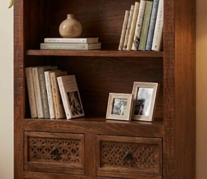 Hand Carved Beautiful Indian Traditional Design Space Saving Wooden <b>Open</b> Bookshelf for Home Office, Living Room and Villa - Product Image 3