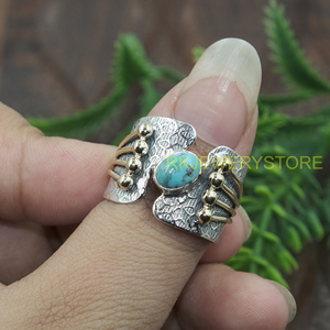 Bague ajustable artisanale en pierre turquoise, argent sterling 925 et laiton, style ethnique bohème tribal, bijoux de créateur pour femmes - Product Image 4
