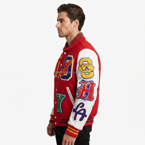 Veste universitaire d'hiver rouge et blanche pour homme, en laine, avec patchs brodés, style preppy, col rabattu, coupe classique, respirante - Product Image 4